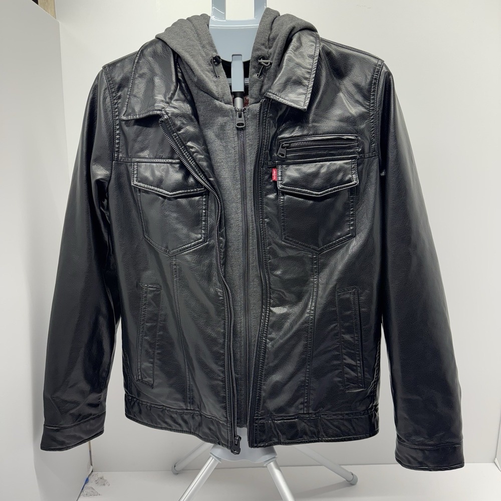 Levi Strauss & Co. Men's Black Faux Leather Hooded Lined Zip Jacket Pockets S